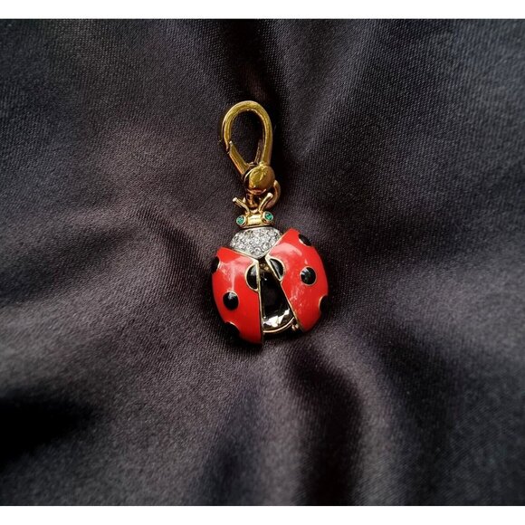 Juicy Courture Signed Red Enamel Ladybug Crown Crystal Inside Pendant - Picture 4 of 5